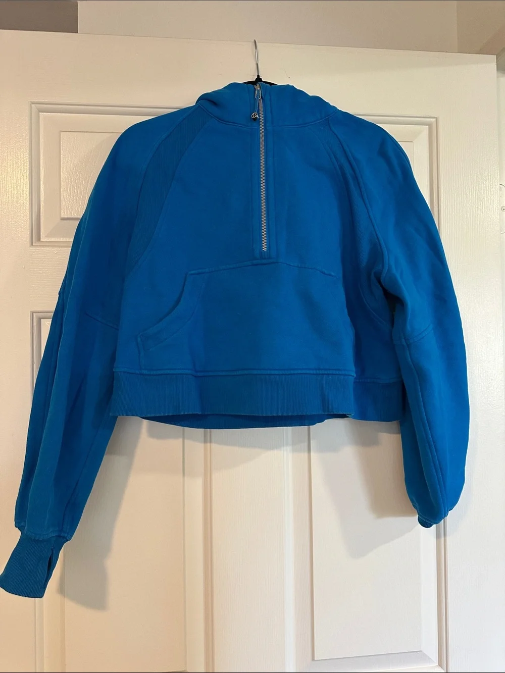 lululemon athletica Bright Blue Cropped Half-Zip scuba hoodie in color poolside